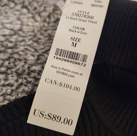 NWT WHBM Black and Ecru Striped Women's Long Sleeve Turtleneck Size M - Picture 4 of 6